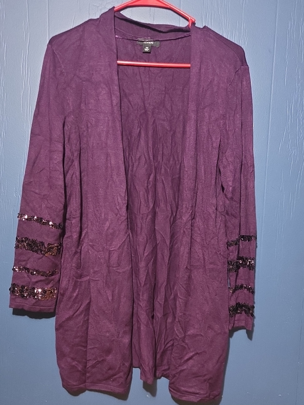 Alfani Purple Open Front Cardigan with Sequin Sleeve Stripes
